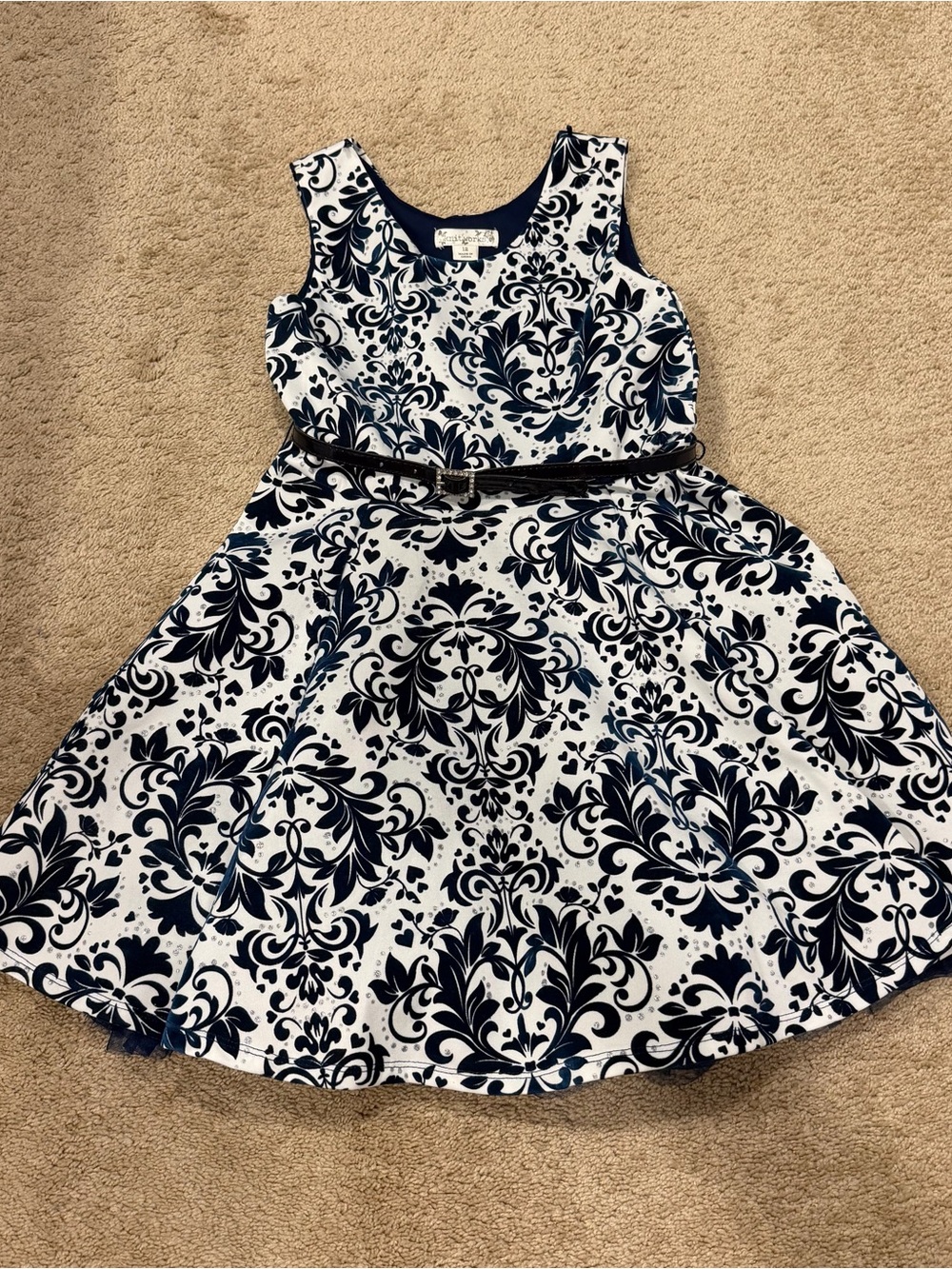 Knitworks Navy and White Floral Fit-and-Flare Dress Holiday Sz 12